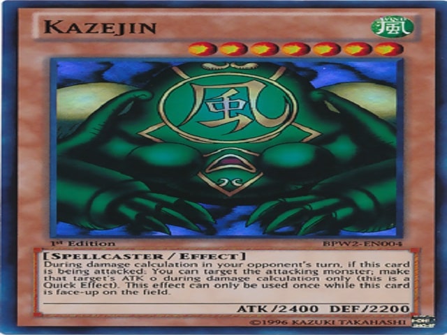 Lá bài Kazejin - Thần Gió thuộc hệ Phong, là quái thú hiệu ứng cấp 7 cao